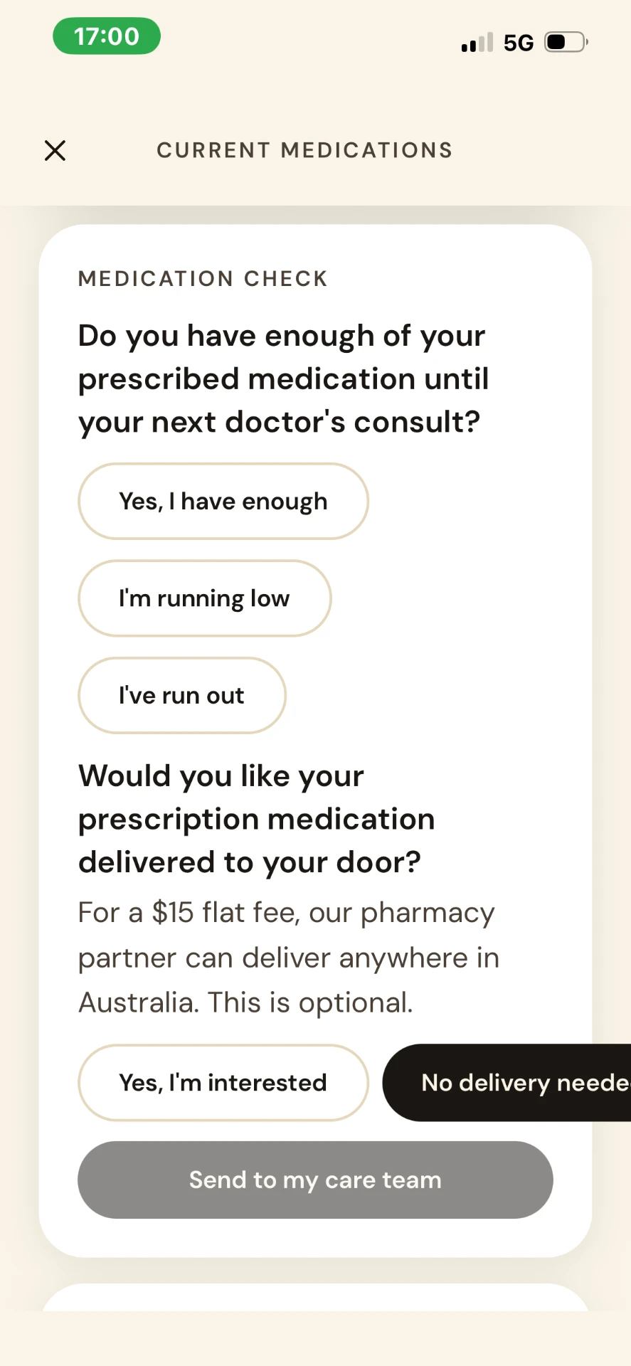 The UnPause Care medication check screen asking whether you have enough of your prescribed medication and offering delivery.