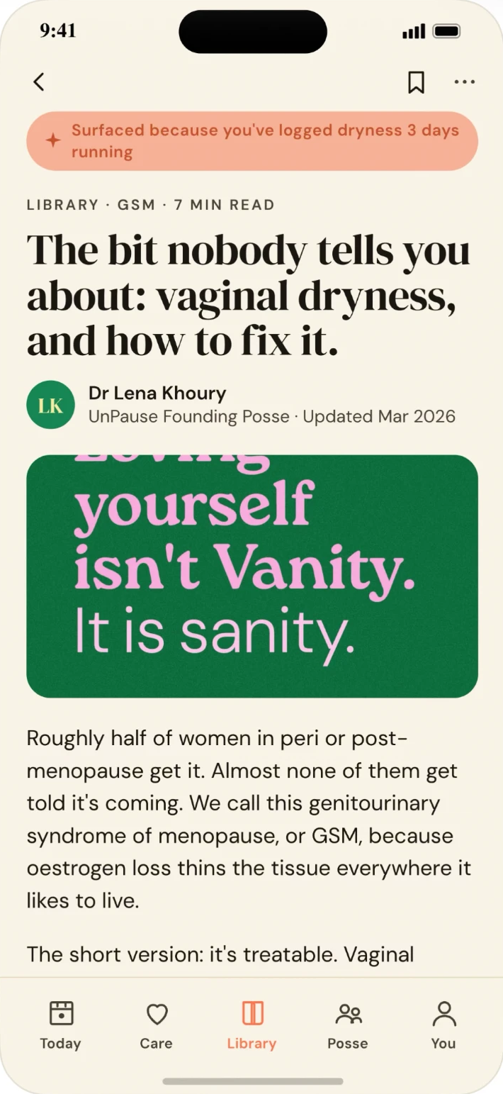 The UnPause Care Library showing a doctor-reviewed article with a pink quote tile.
