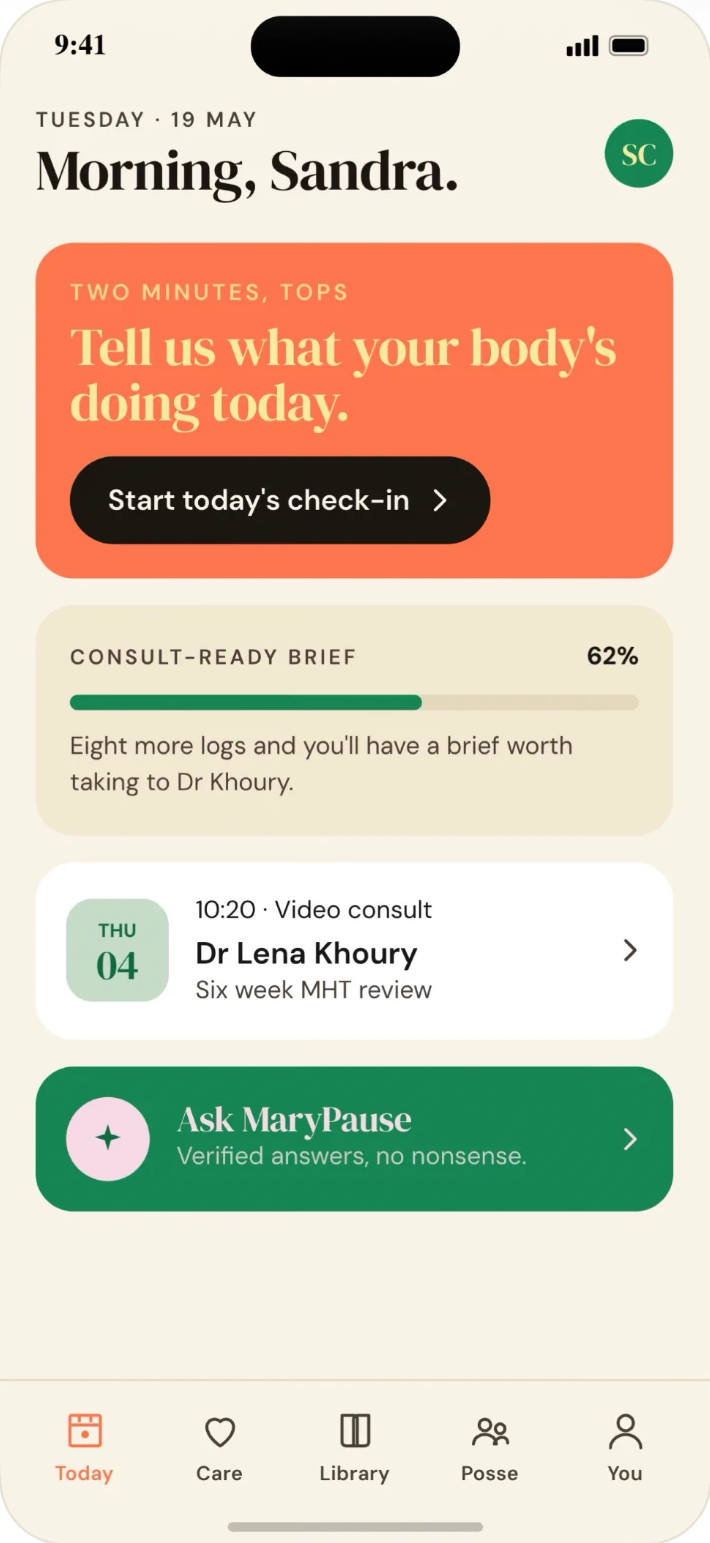 The UnPause Care Today screen with the daily check-in prompt, consult-ready brief and care team message.